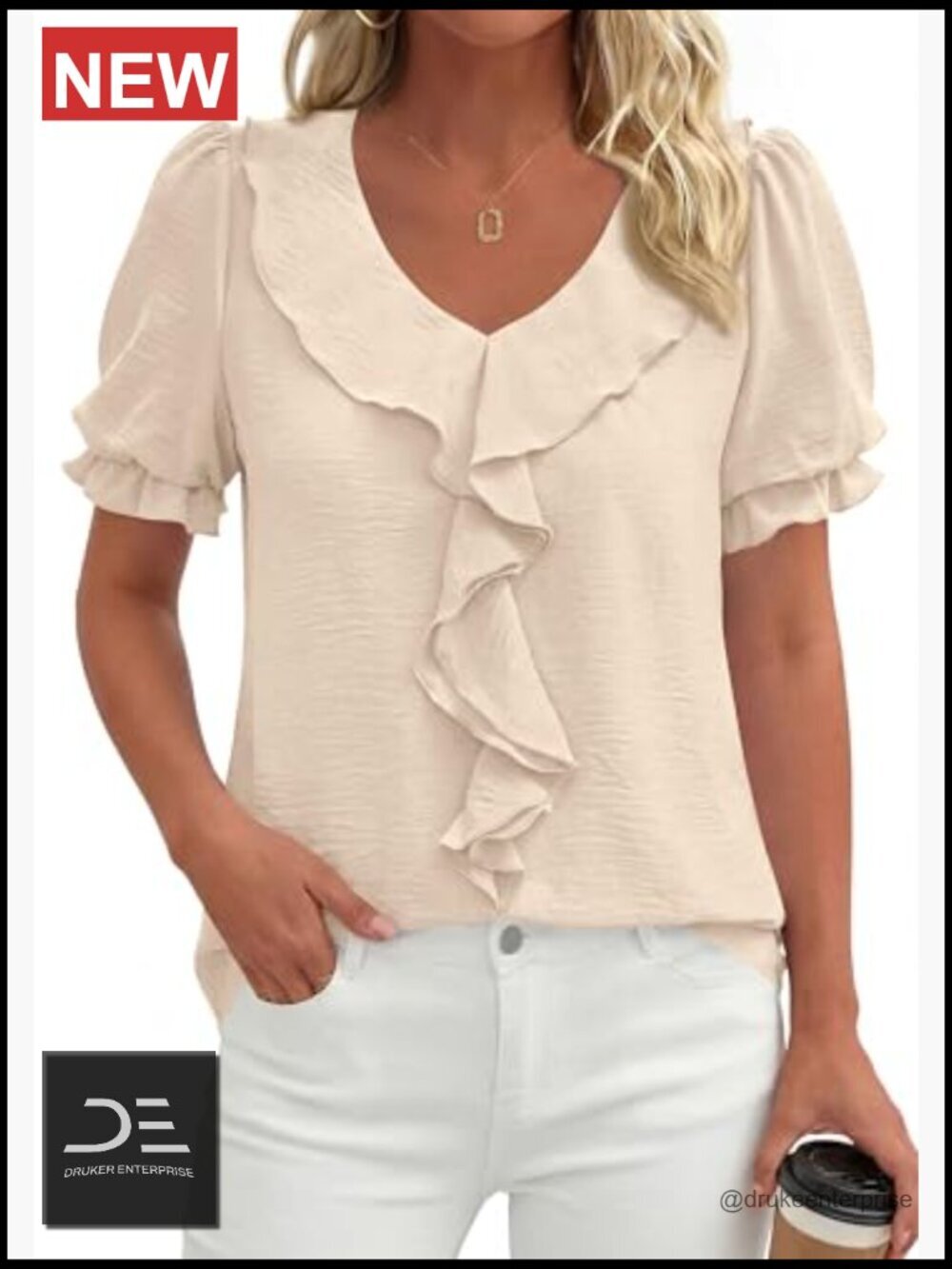 V Neck Ruffle Top, Puff Sleeve Blouse, Short Sleeve, Lightweight - Picture 2 of 7